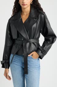 Open Edit Cropped Leather Trench Jacket