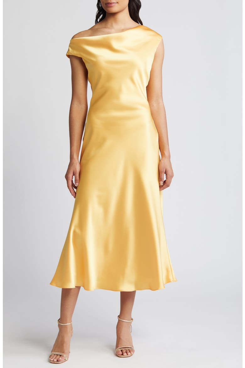 One-Shoulder Satin Midi Dress, Main, color, MARIGOLD