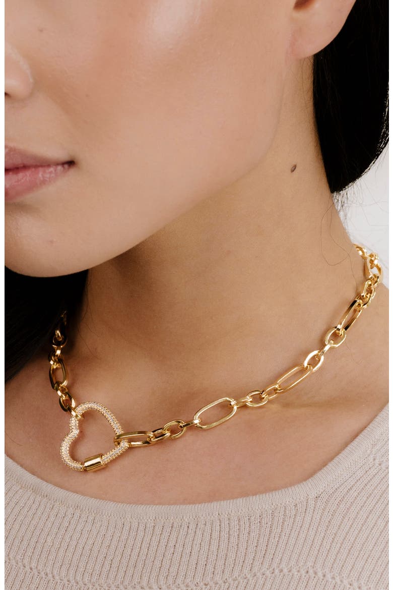 Crystal Pavé Heart Clasp Necklace, Alternate, color, GOLD