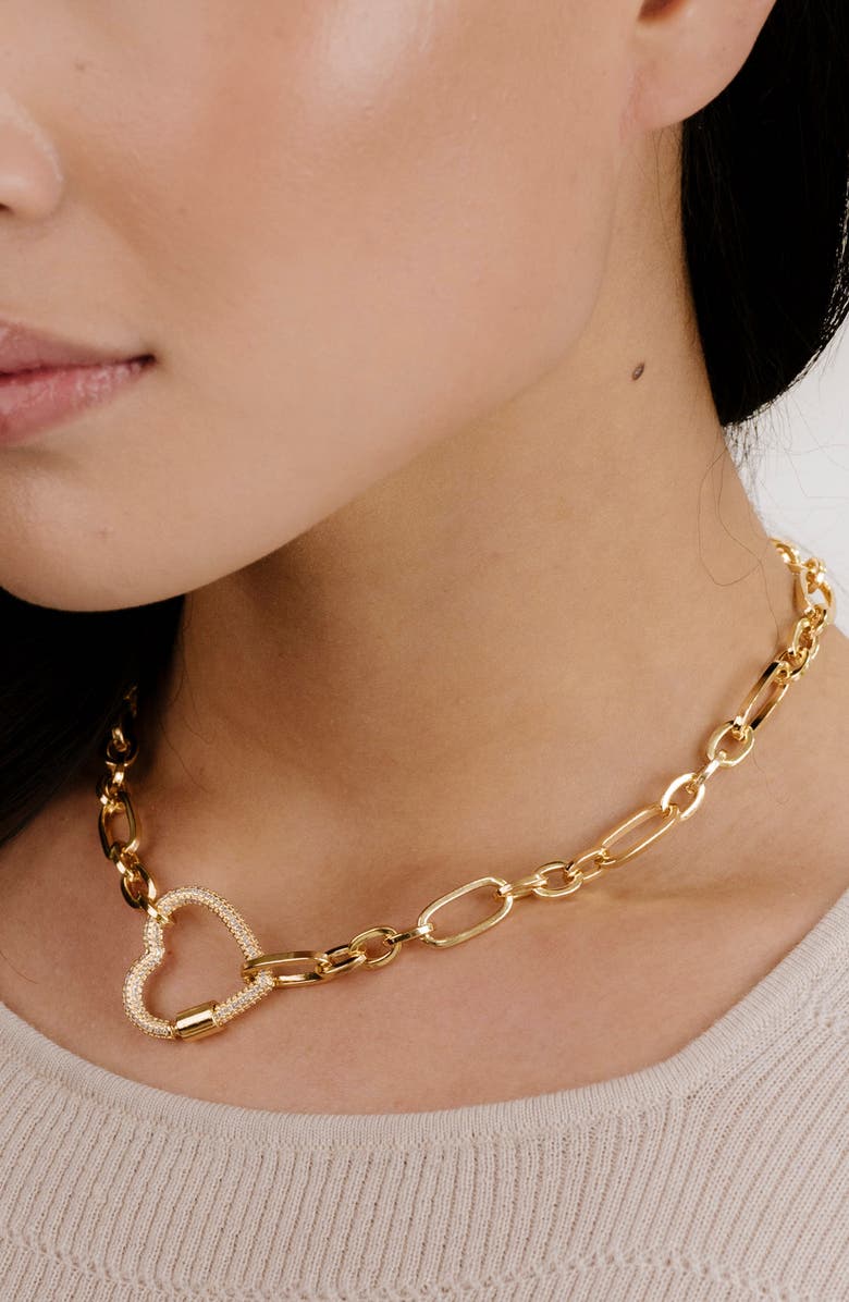 Ettika Crystal Pavé Heart Clasp Necklace, Alternate, color, Gold