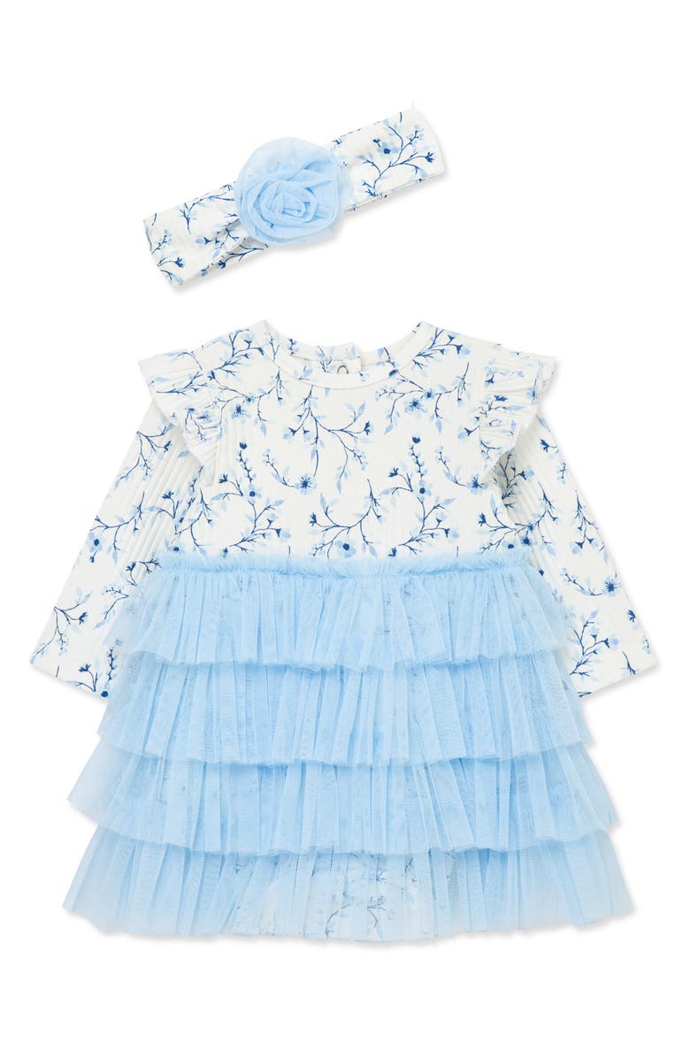 Little Me Floral Long Sleeve Tutu Dress & Headband Set, Main, color, Blue