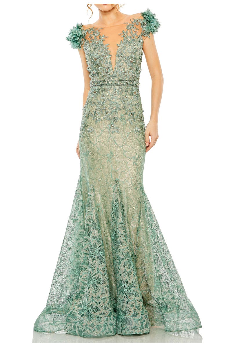 Mac Duggal Embroidered Illusion Appliqued Bodice Trumpet Gown, Main, color, Sage