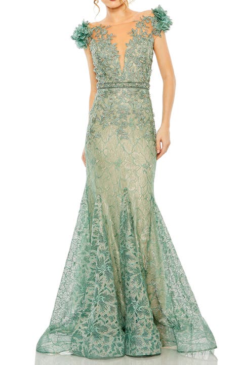 Embroidered Illusion Appliqued Bodice Trumpet Gown