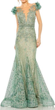 Mac Duggal Embroidered Illusion Appliqued Bodice Trumpet Gown