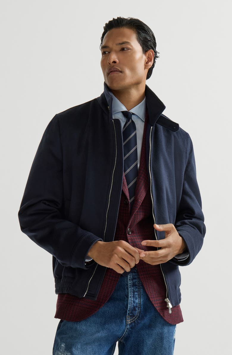 Brunello Cucinelli Virgin wool beaver cloth bomber jacket with zipper, Alternate, color, Navy Blue