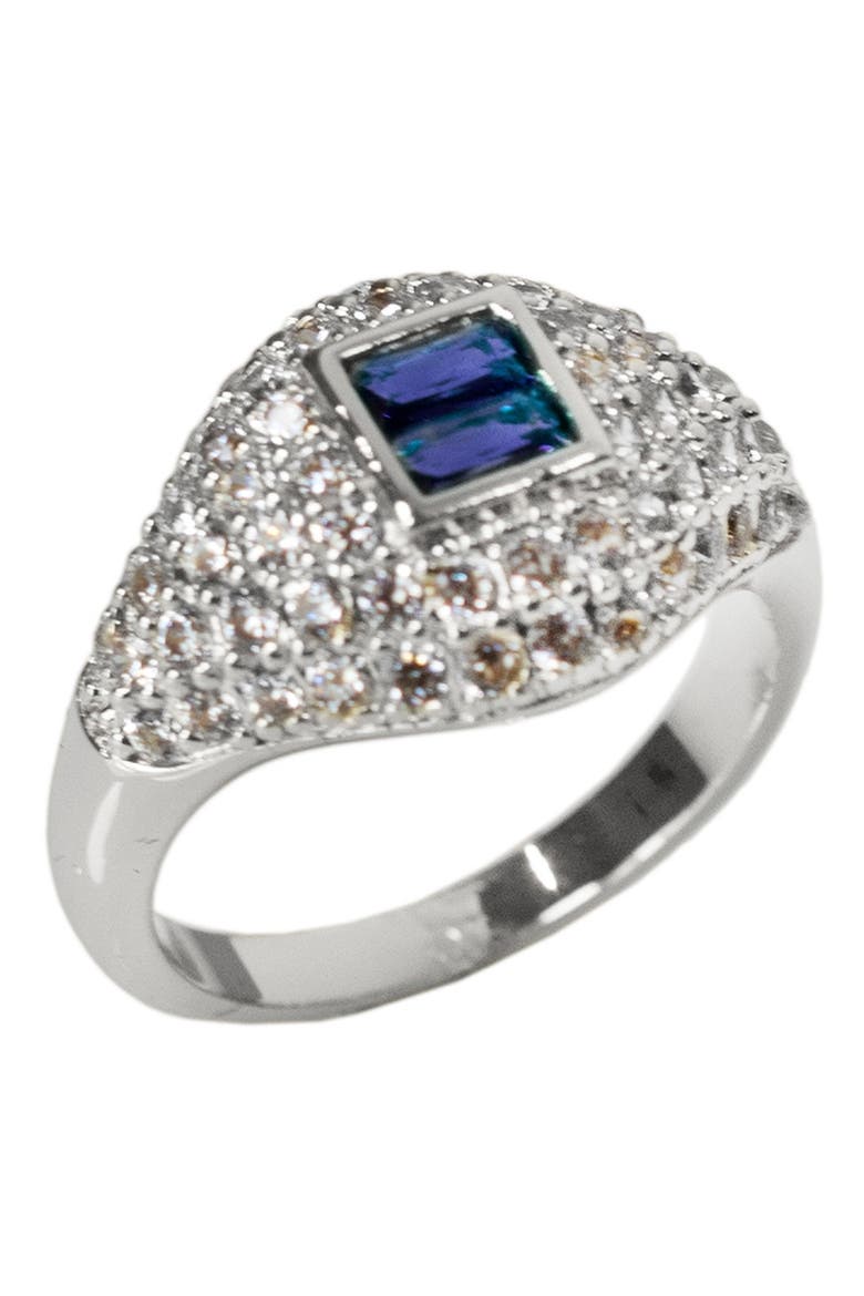 Pavé Cubic Zirconia Signet Pinky Ring, Main, color, CLEAR/BLUE/SILVER