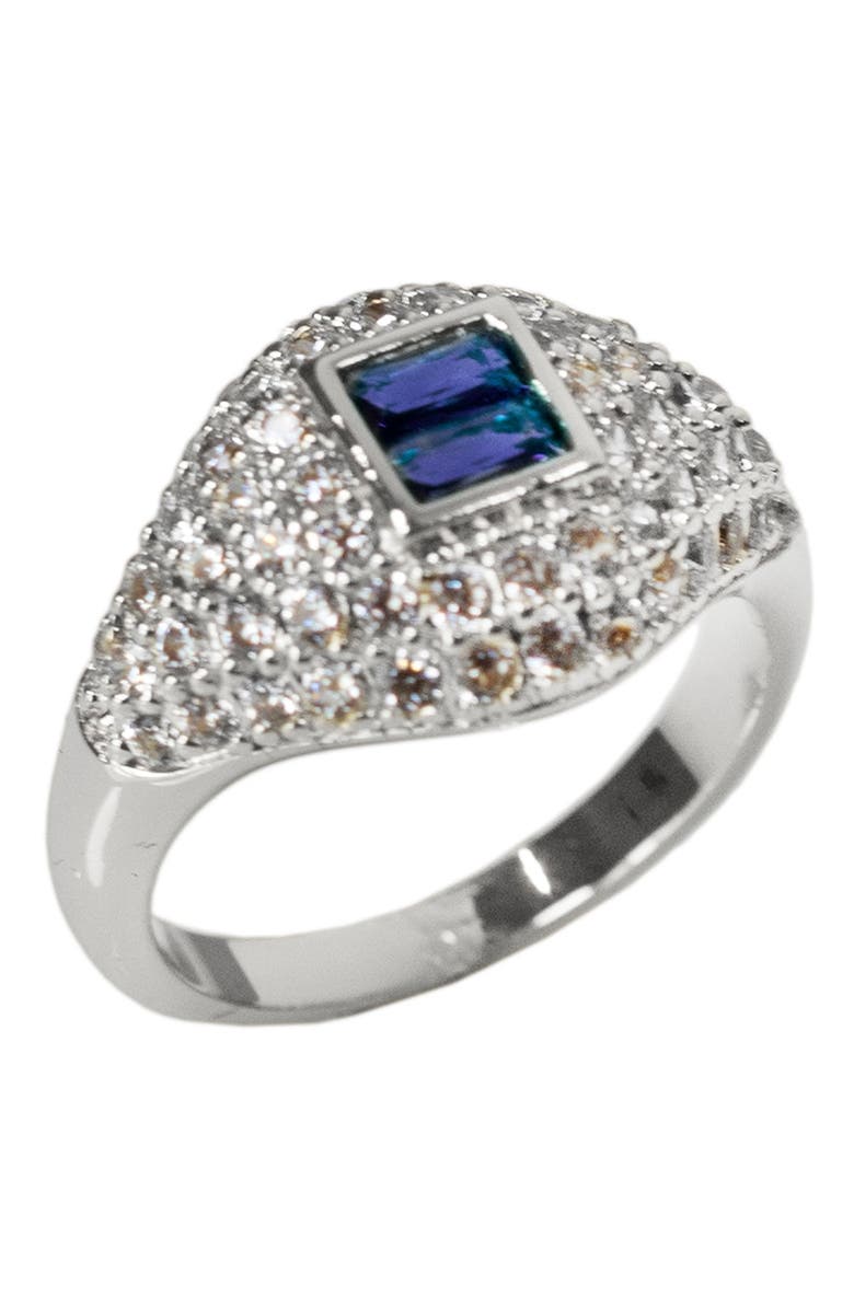 CZ by Kenneth Jay Lane Pavé Cubic Zirconia Signet Pinky Ring, Main, color, Clear/Blue/Silver