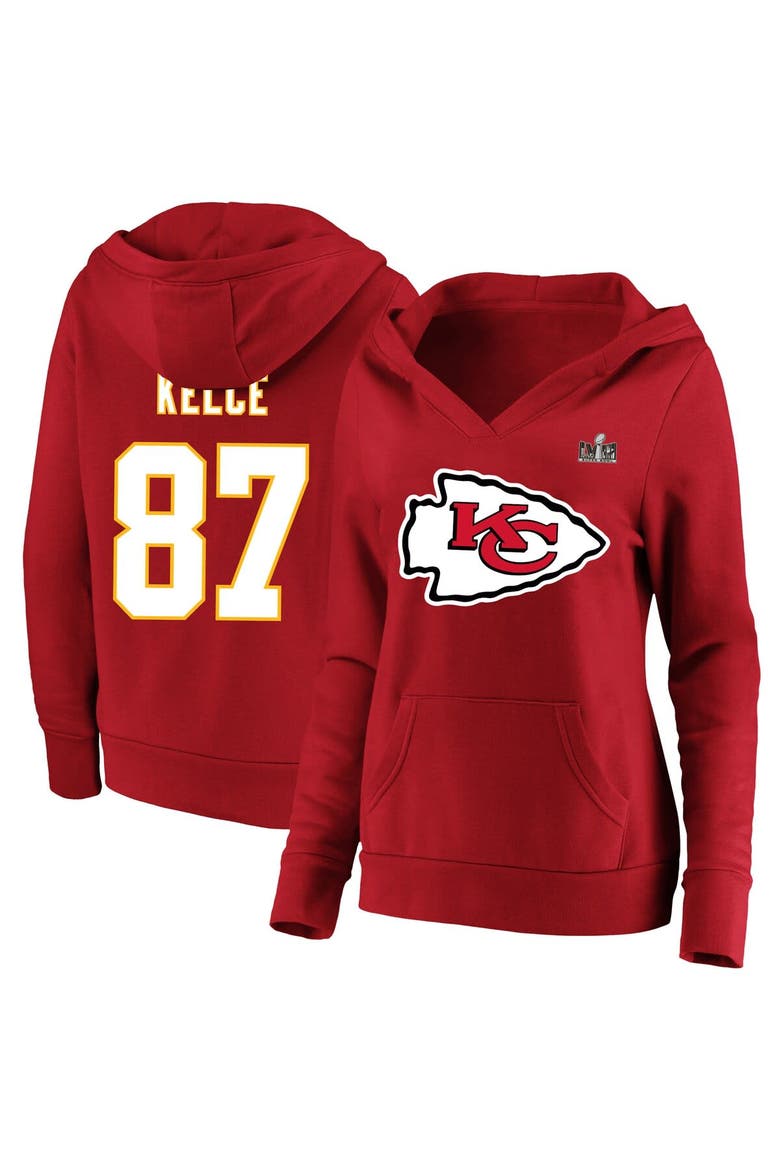 Women's Fanatics Branded Travis Kelce Red Kansas City Chiefs Super Bowl LVIII Name & Number Plus Size Fleece Pullover Hoodie, Main, color, Red