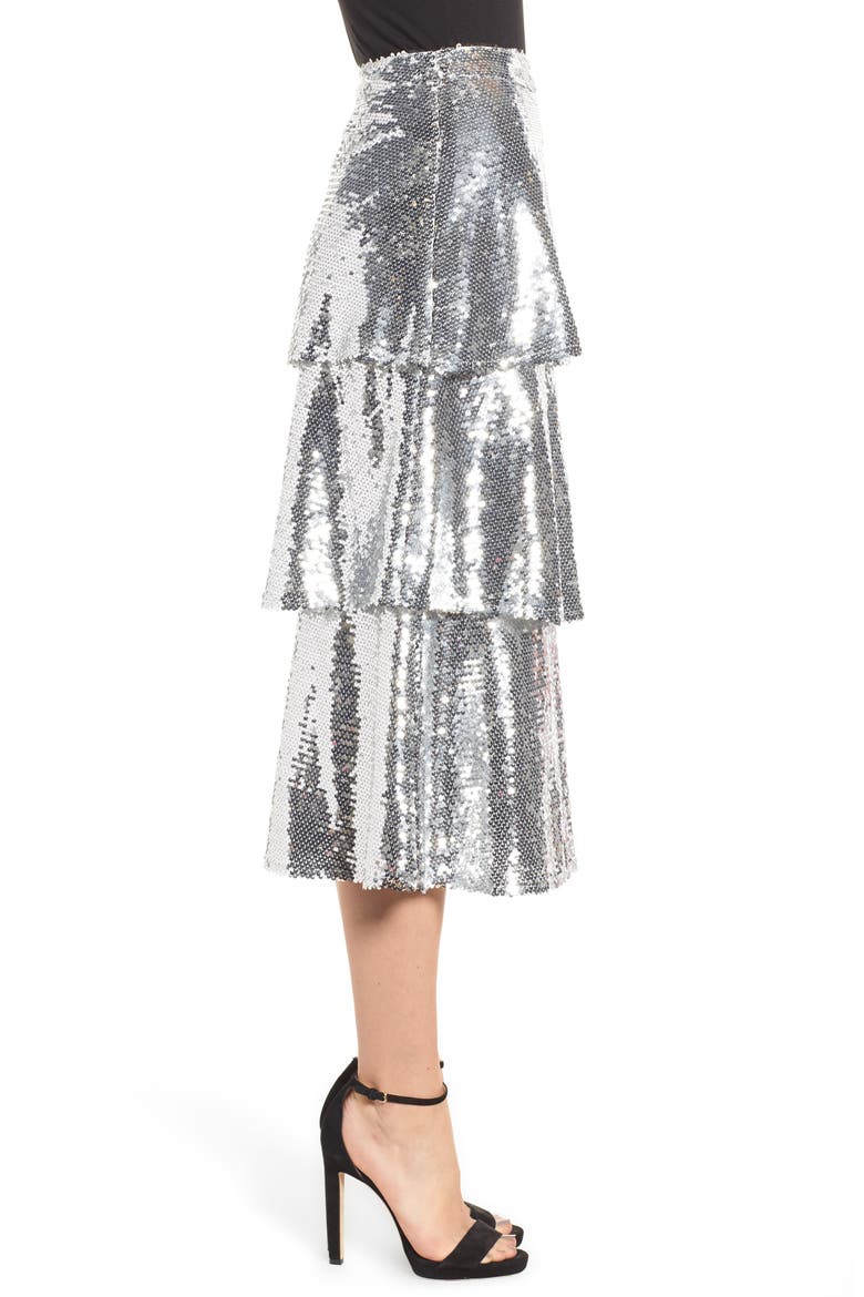 Tiered Sequin Midi Skirt, Alternate, color, SILVER