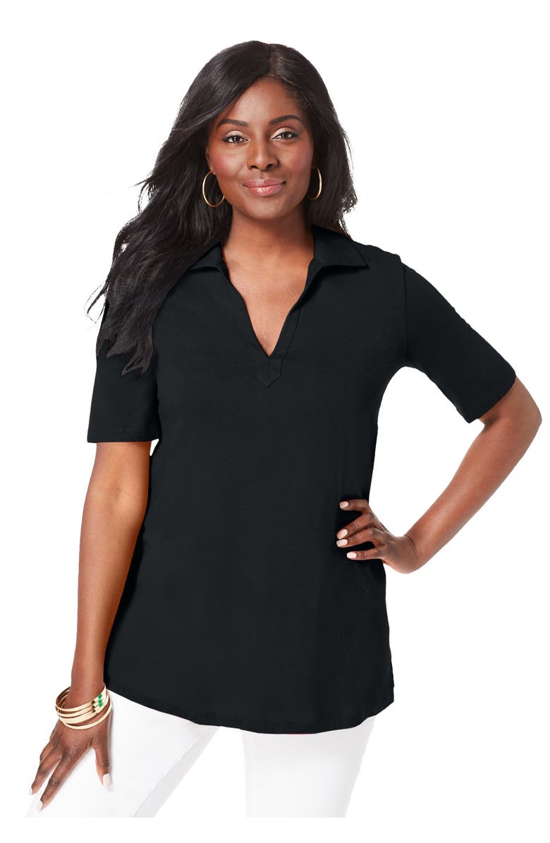 Jessica London Stretch Cotton Polo Tee, Main, color, Black