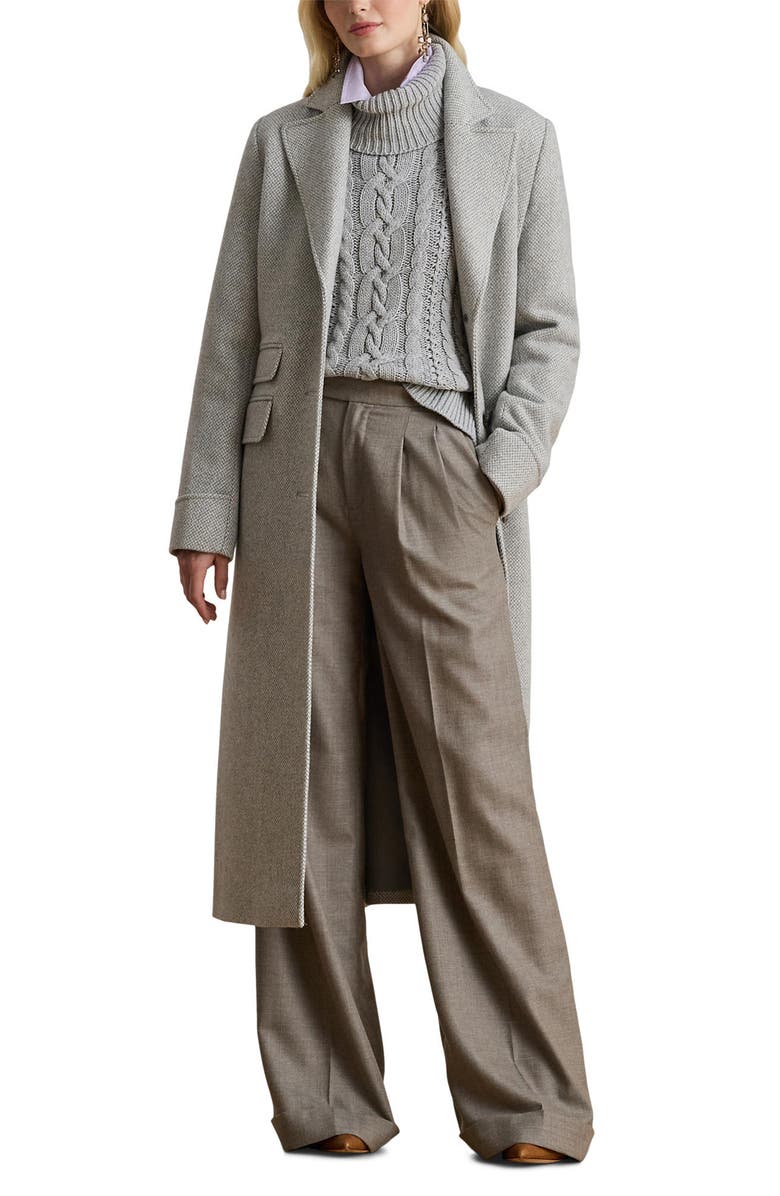 Lauren Ralph Lauren Longline Herringbone Wool Blend Reefer Coat, Main, color, Light Grey Broken Twill