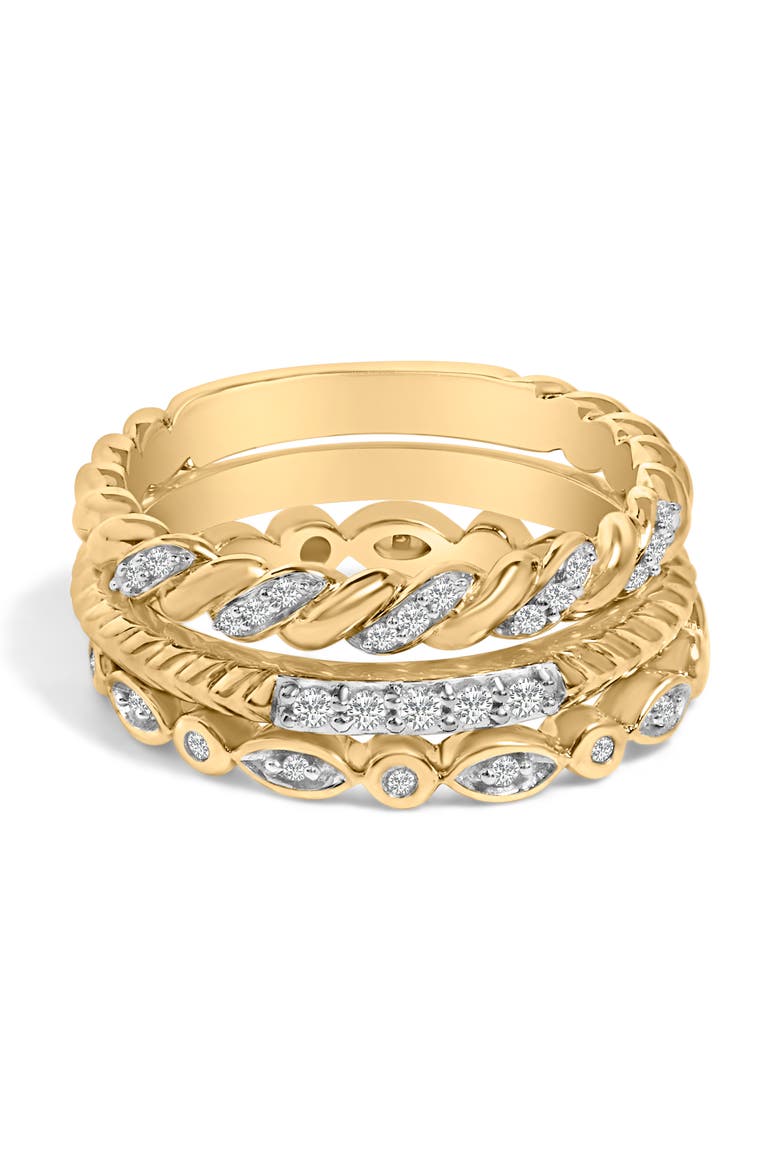 14K Yellow Gold Plated Sterling Silver 1/4 Cttw Diamond Twist Leaf Stackable Ring Set, Main, color, Yellow Gold over Silver