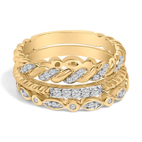 14K Yellow Gold Plated Sterling Silver 1/4 Cttw Diamond Twist Leaf Stackable Ring Set