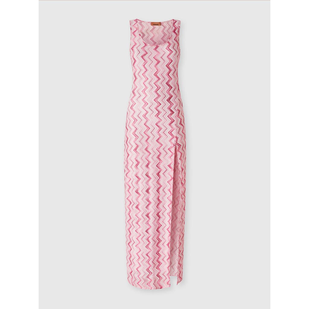 Missoni Long Cover-up Dress In Slub Zigzag Viscose Blend In White & Pink