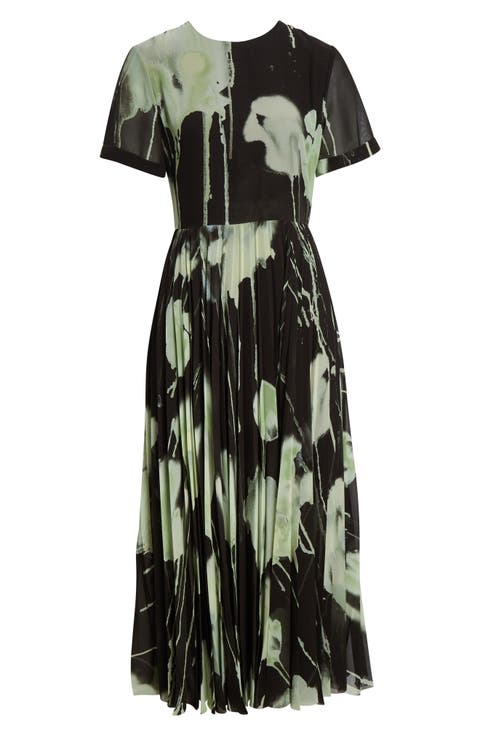 Watercolor Floral Pleated Chiffon A-Line Dress