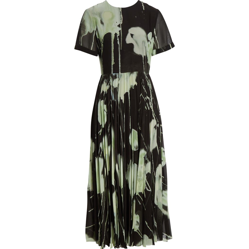 Jason Wu Collection Watercolor Floral Pleated Chiffon A-line Dress In Black