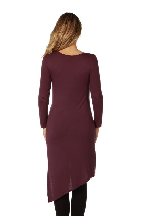 24seven Comfort Apparel Long Sleeve Knee Length Asymmetrical Maternity Tunic Top In Burgundy