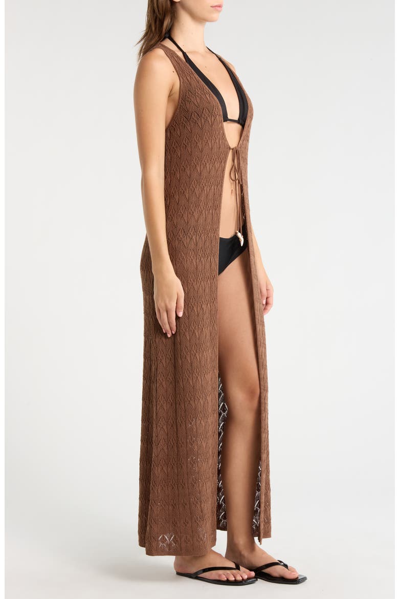 Sleeveless Tie Front Pointelle Cover-Up, Alternate, color, BROWN