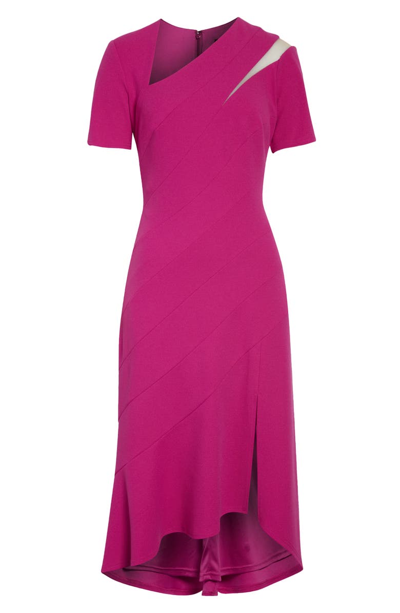 Tadashi Shoji Asymmetric Neck Crepe Midi Cocktail Dress, Alternate, color, Dahlia