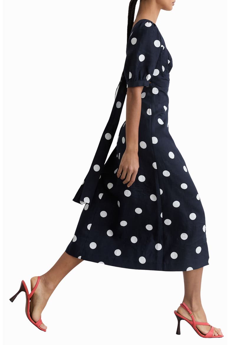 Astrid Polka Dot Puff Sleeve Open Back Linen Midi Dress, Alternate, color, NAVY/ IVORY