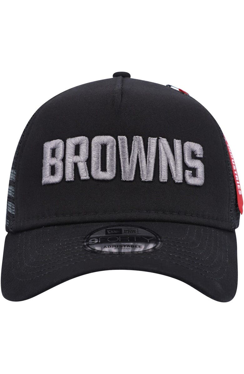 New Era x Alpha Industries Men's New Era x Alpha Industries  Black Cleveland Browns A-Frame 9FORTY Trucker Snapback Hat, Alternate, color, Black