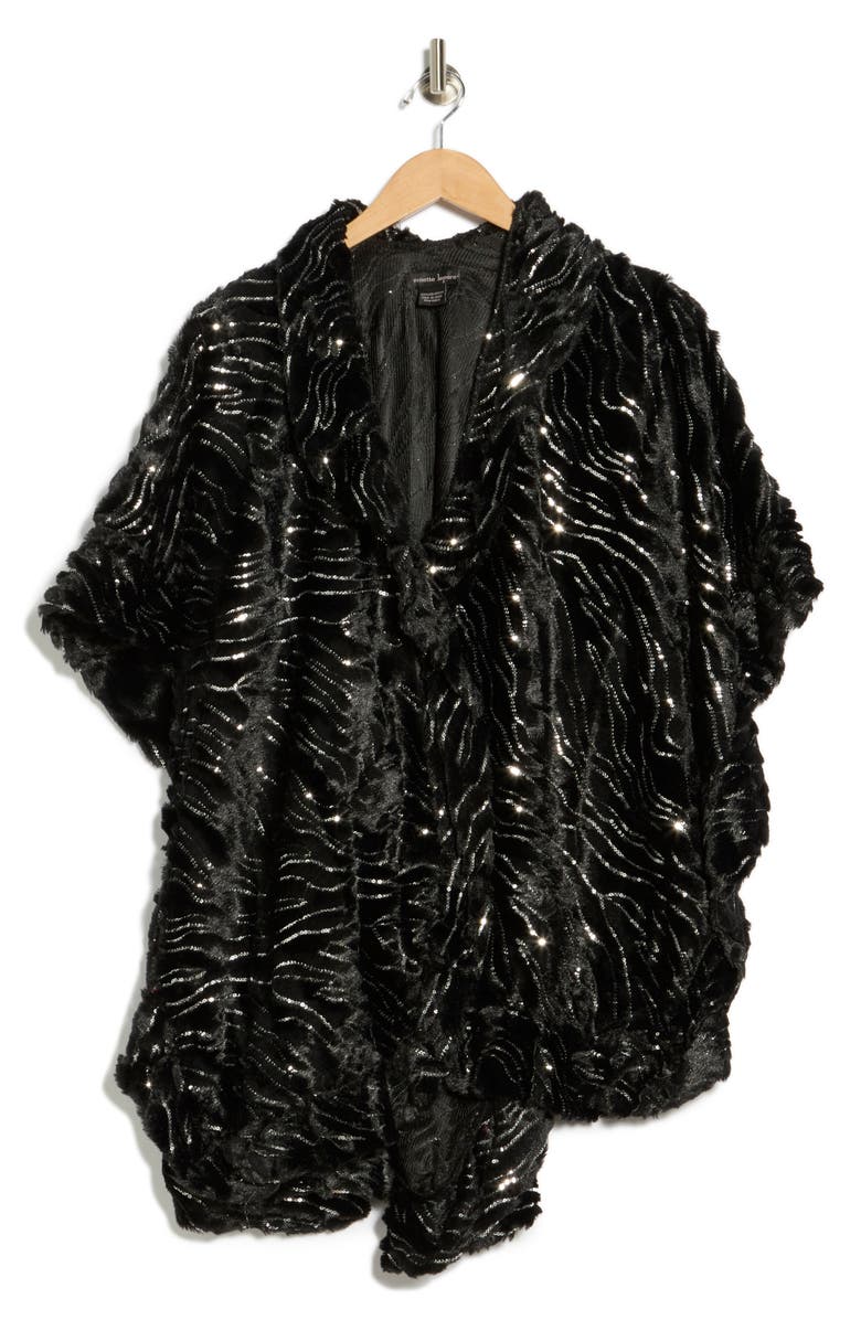 Nanette Lepore Sequin Wave Texture Faux Fur Ruana, Alternate, color, Black