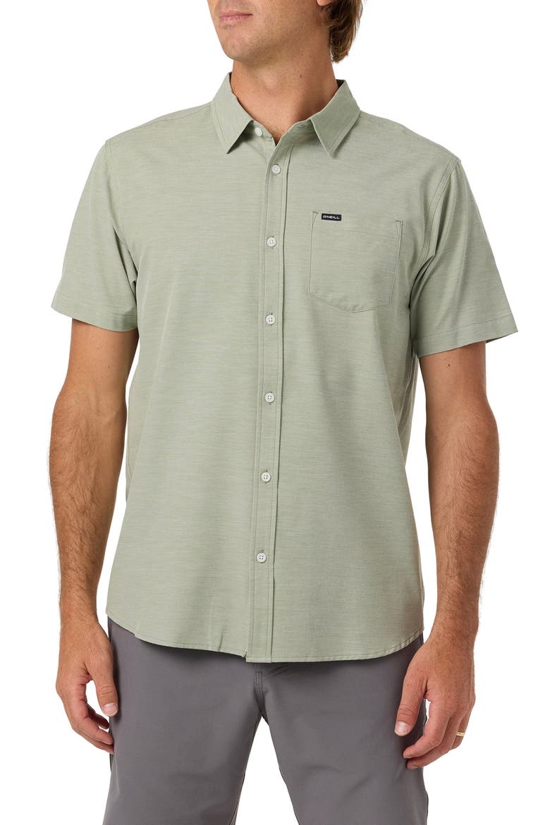 Light Check Short Sleeve Button-Up Shirt, Main, color, OIL GREEN