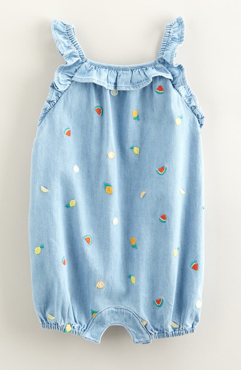 Tucker + Tate Embroidered Denim Romper, Main, color, Aquamarine Wash Ditsy Fruit