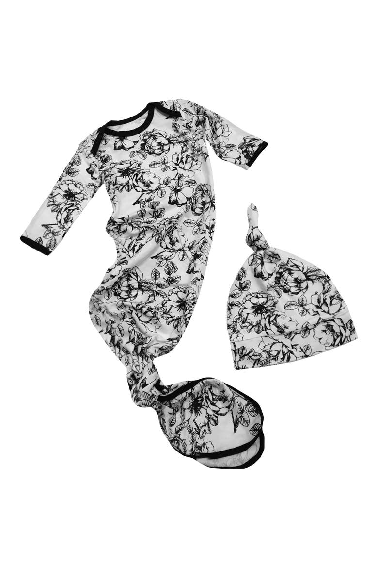 Print Gown & Beanie Set, Main, color, BLACK MULTI