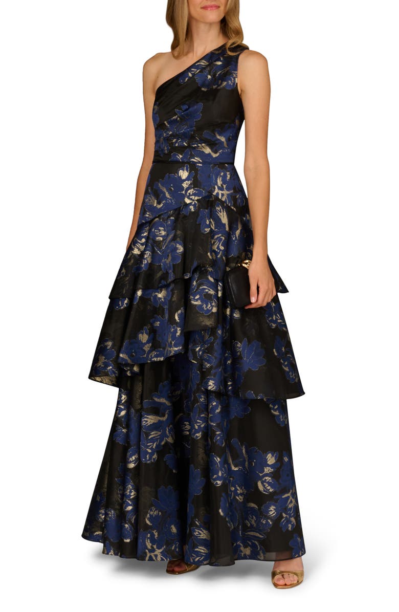 Aidan Mattox Metallic Floral Jacquard One-Shoulder Gown, Alternate, color, Navy Multi
