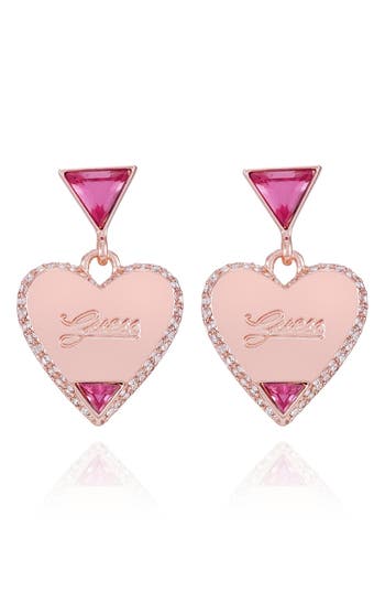 Guess Crystal Heart Drop Earrings In Gold