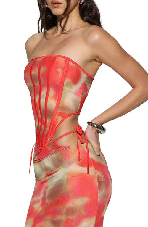 By.dyln Khloe Corset Top In Red Printed Mesh