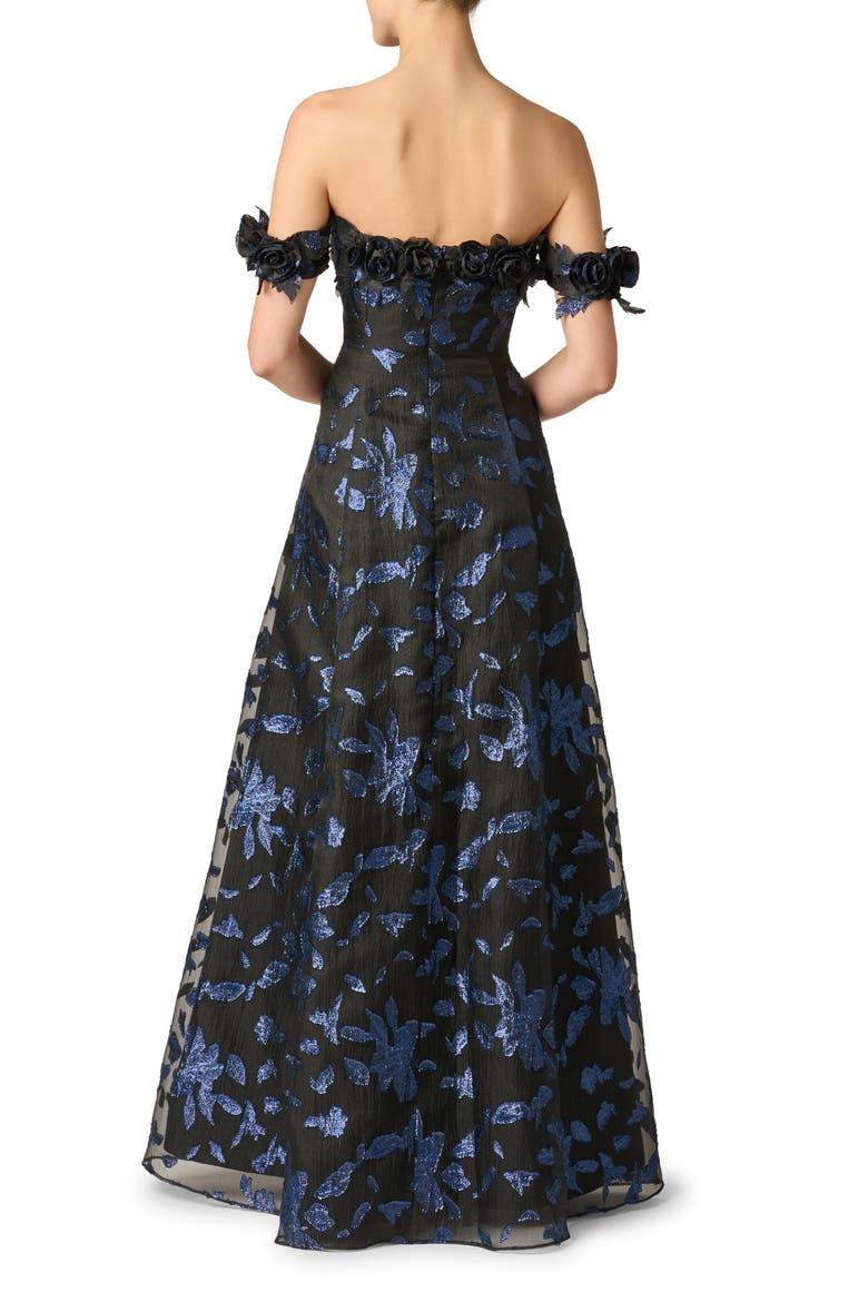 Metallic Jacquard Organza Off the Shoulder Gown, Alternate, color, NAVY/BLACK