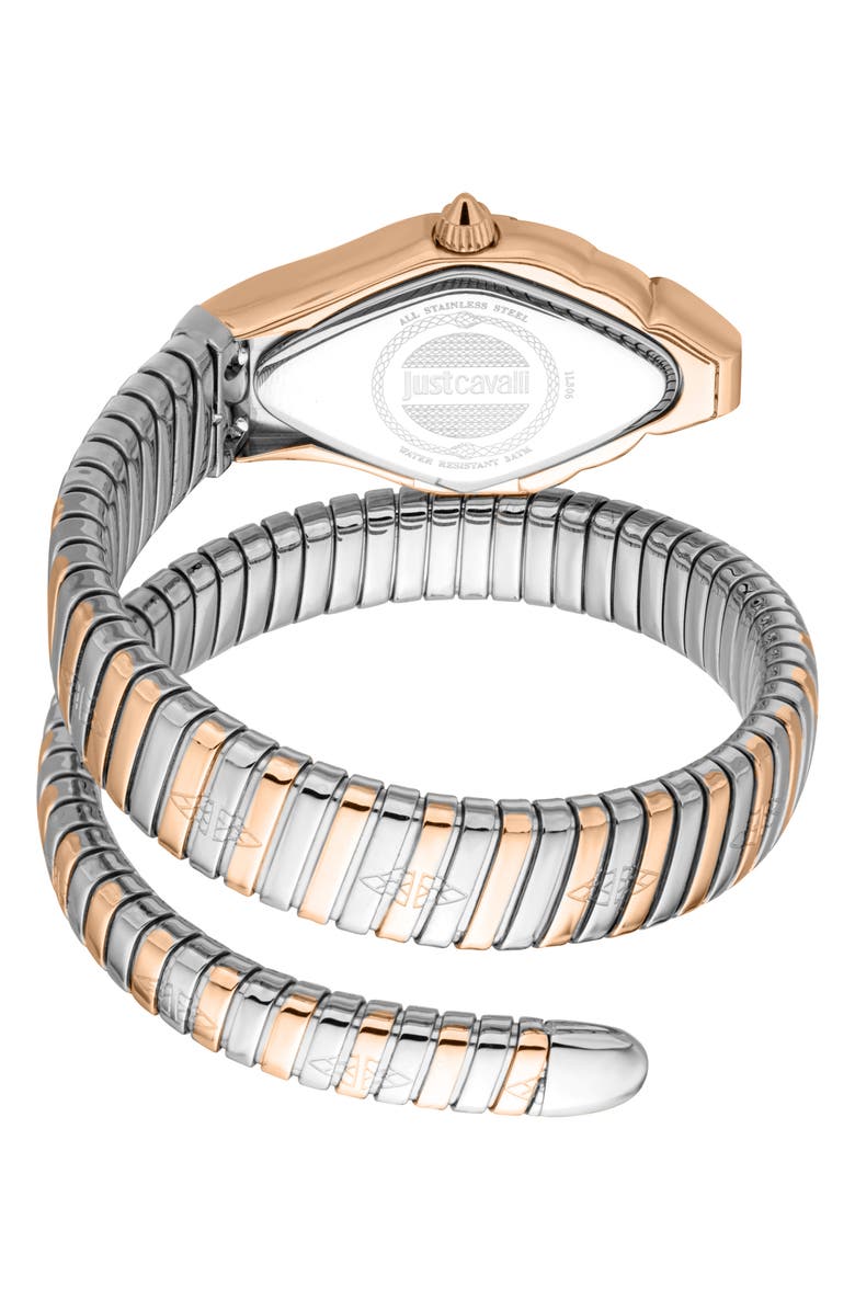 Just Cavalli Snake Wraparound Bracelet Watch, 22mm x 36.5mm, Alternate, color, Two Tone Silver / Rose Gold