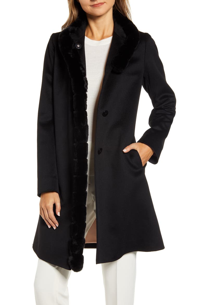Wool Car Coat with Genuine Rex Rabbit Fur Trim, Main, color, DNU-BLACK