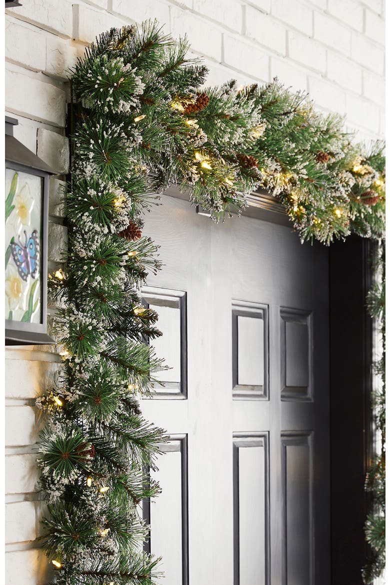 Set of 2 Frosted Christmas Garland with Lights and Timer, Alternate, color, Green