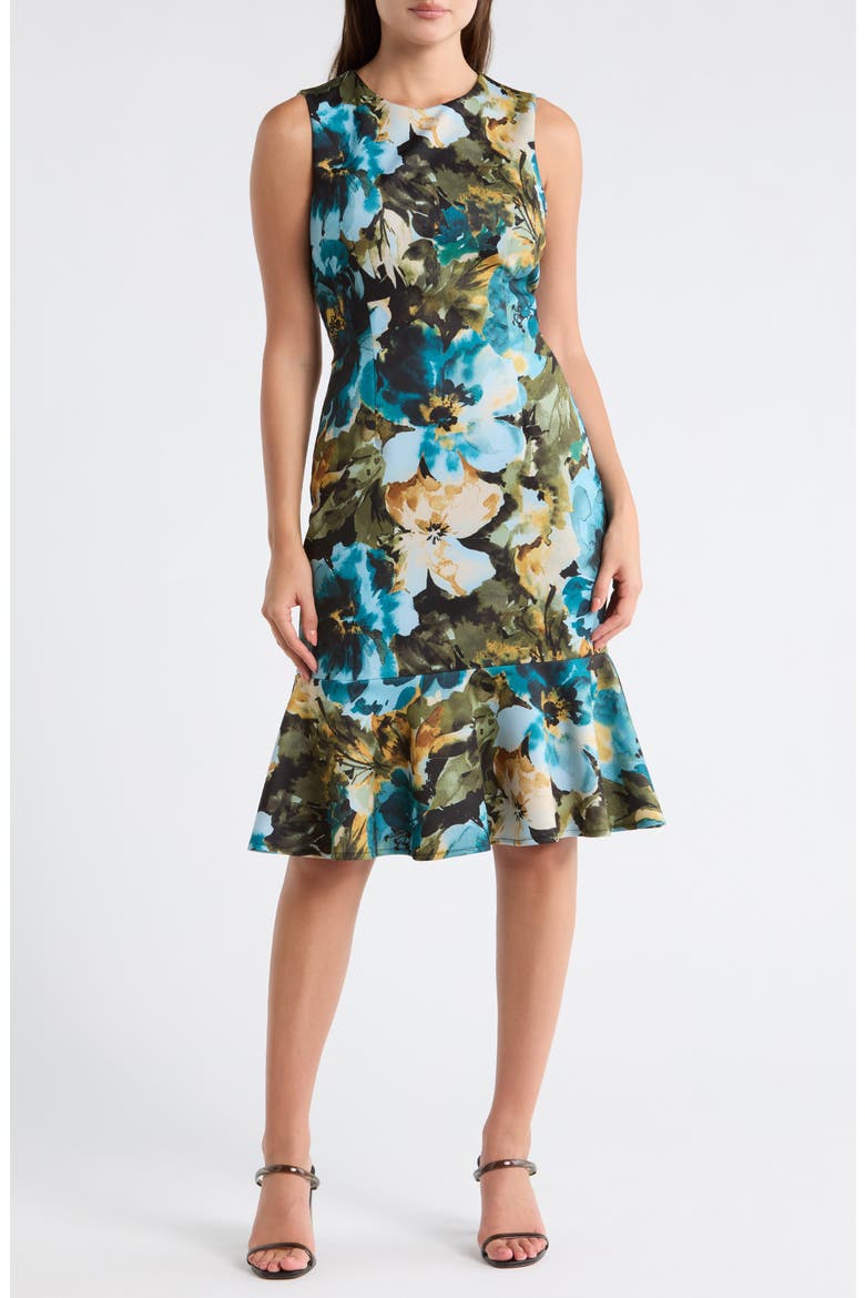 Floral Ruffle Hem A-Line Dress, Main, color, BLUE/ GREEN