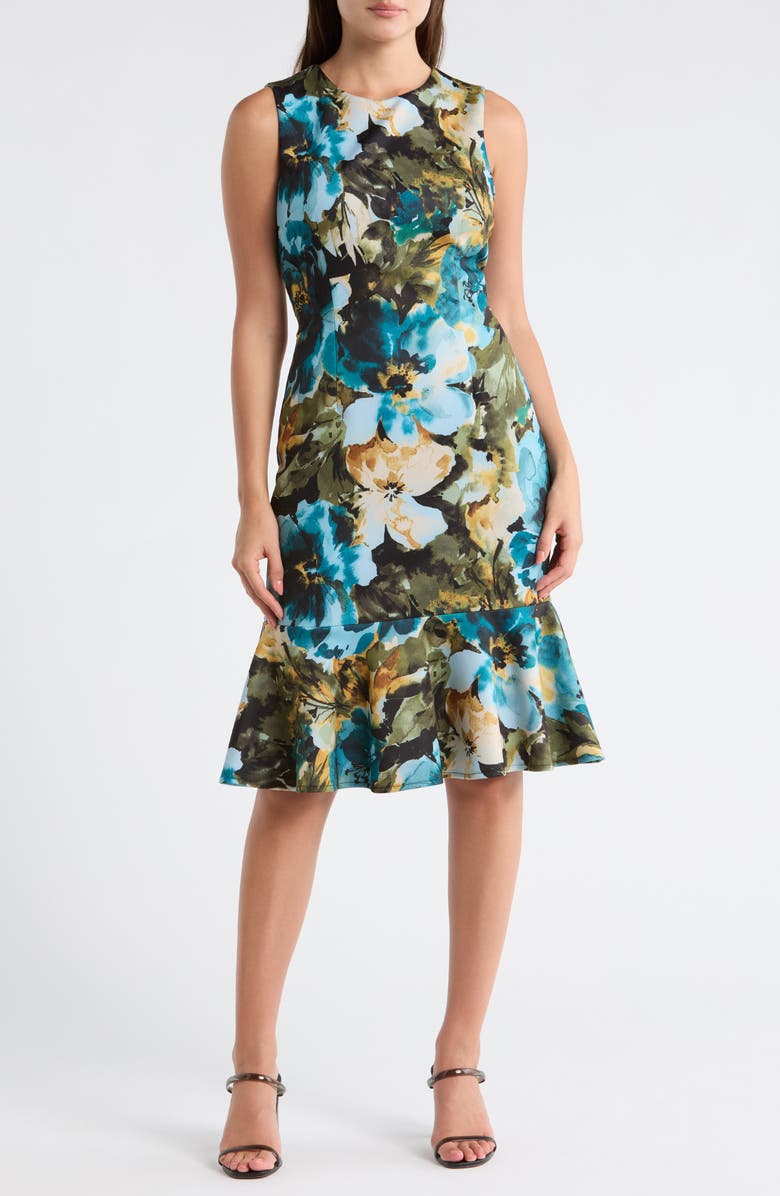 Julia Jordan Floral Ruffle Hem A-Line Dress, Main, color, Blue/ Green