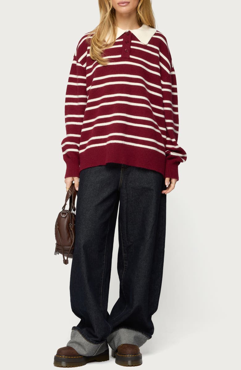EDIKTED Rilynn Stripe Sweater Polo, Alternate, color, Burgundy-And-White