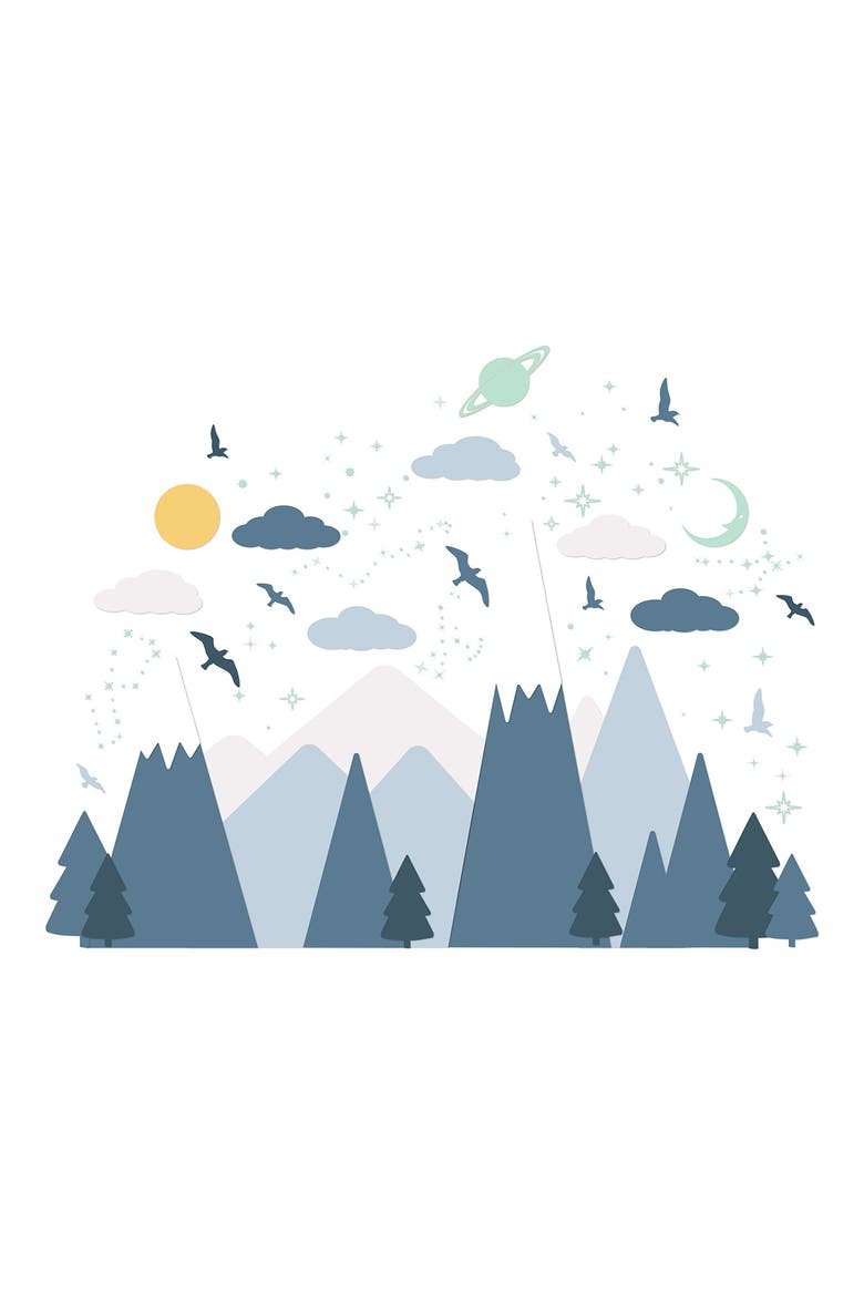 Blue Mountains Under The Glowing Sky Wall Decal Set, Main, color, BLUE