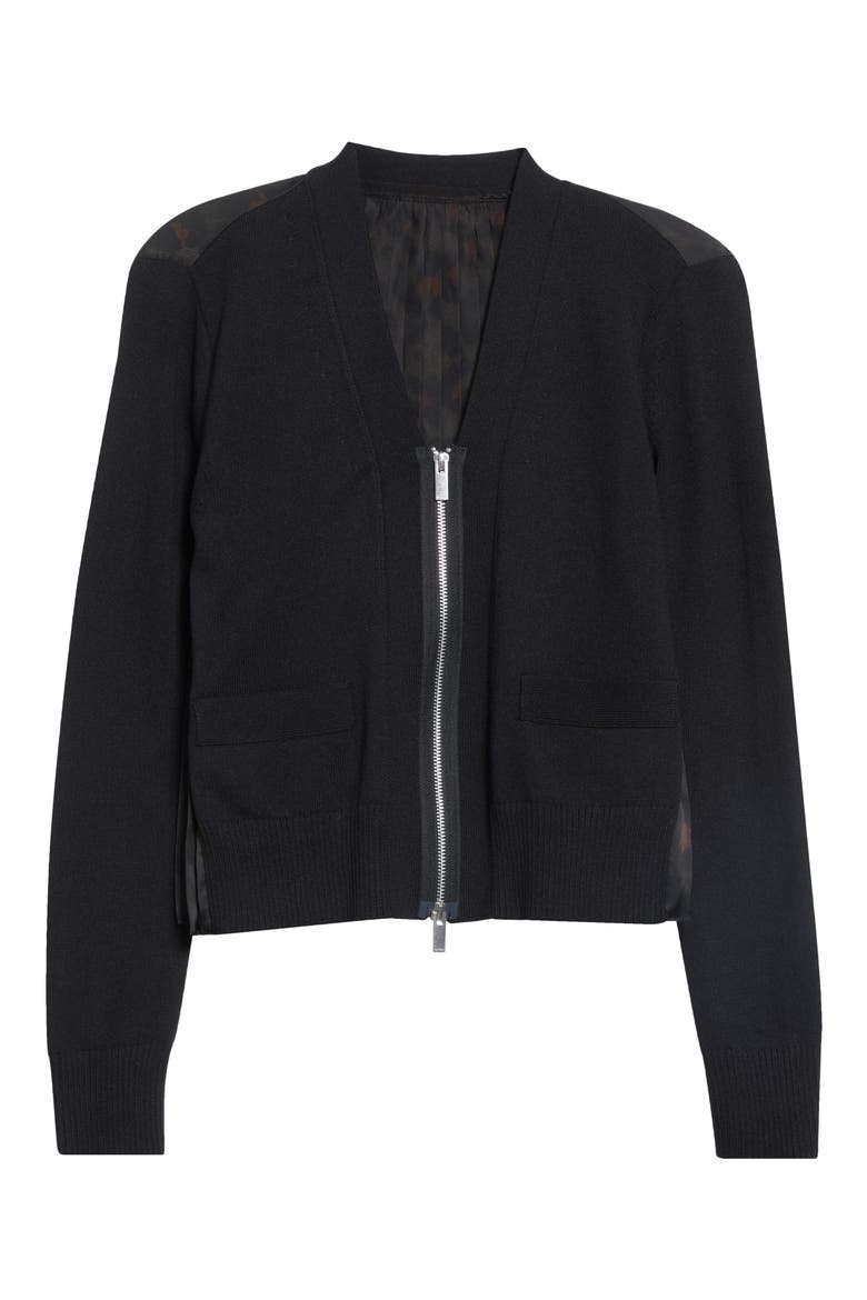 Mixed Media Leopard Trim Cotton Blend Zip Cardigan, Main, color, BLACK/ KHAKI