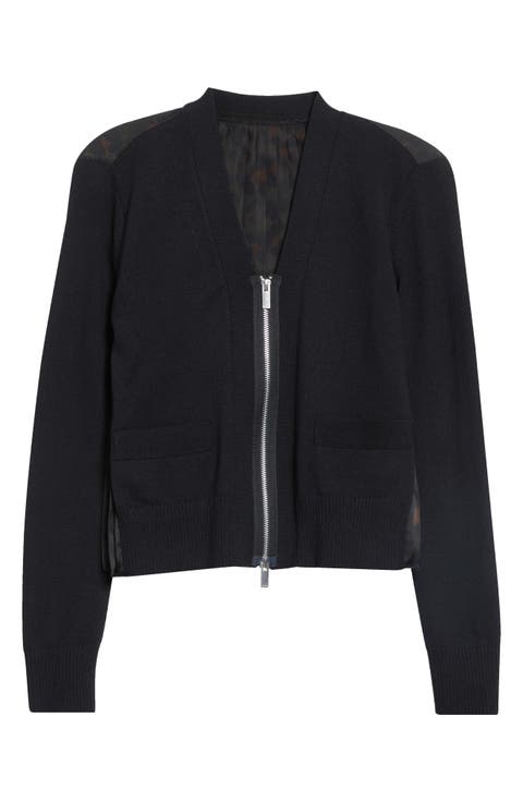 Mixed Media Leopard Trim Cotton Blend Zip Cardigan
