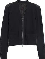 Sacai Mixed Media Leopard Trim Cotton Blend Zip Cardigan