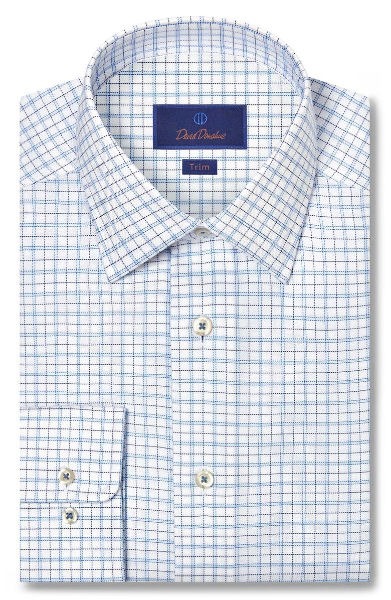 David Donahue Trim Fit Dobby Check Cotton Dress Shirt, Main, color, White/ Blue