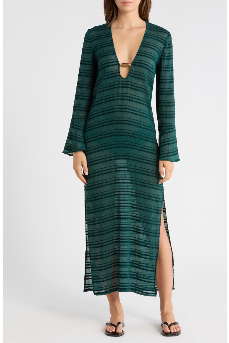 Solid Cali Stripe Midi Cover-Up Dress, Main, color, GREEN
