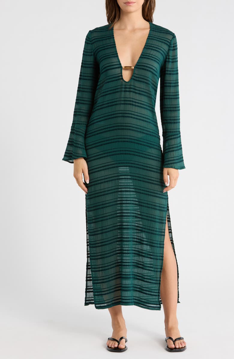 ViX Paula Hermanny Solid Cali Stripe Midi Cover-Up Dress, Main, color, Green