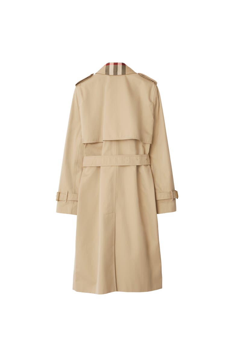 Burberry Long Check Collar Gabardine Trench Coat, Alternate, color, Honey