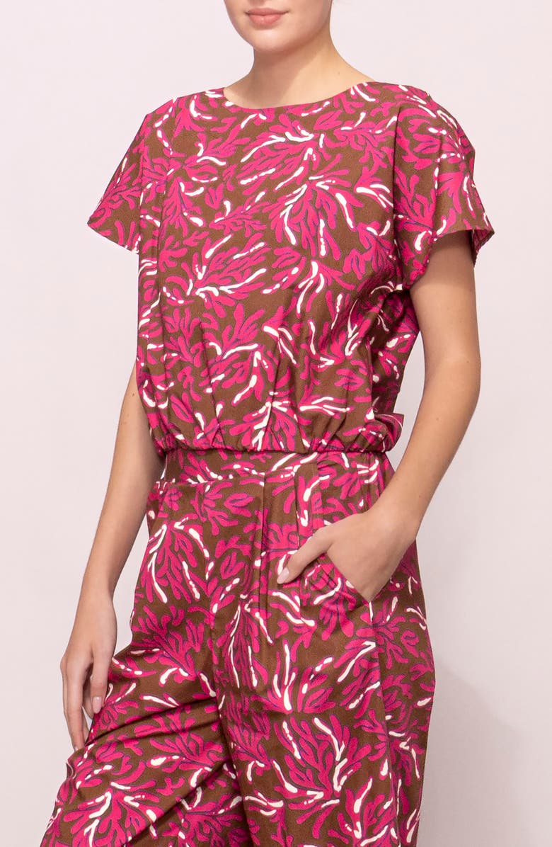MELLODAY Poplin Banded Hem Top, Alternate, color, Brown Magenta Reef