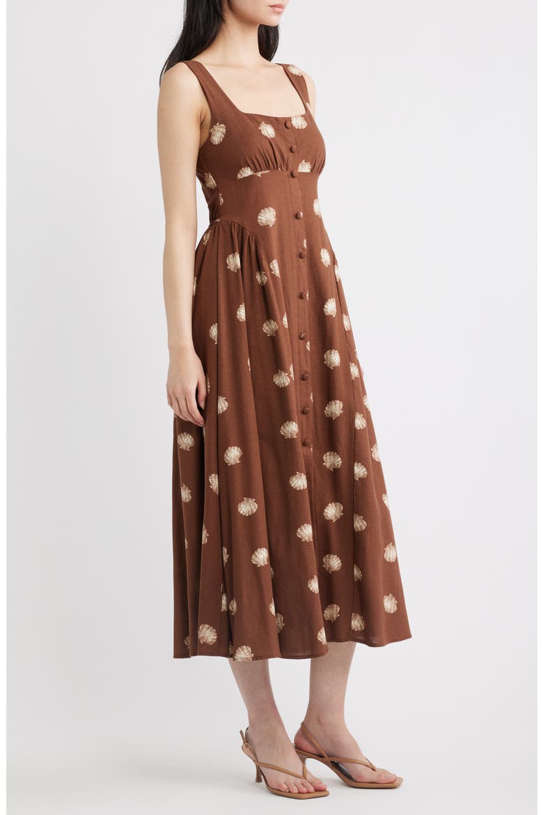 Seashell Print Midi Dress, Alternate, color, BROWN