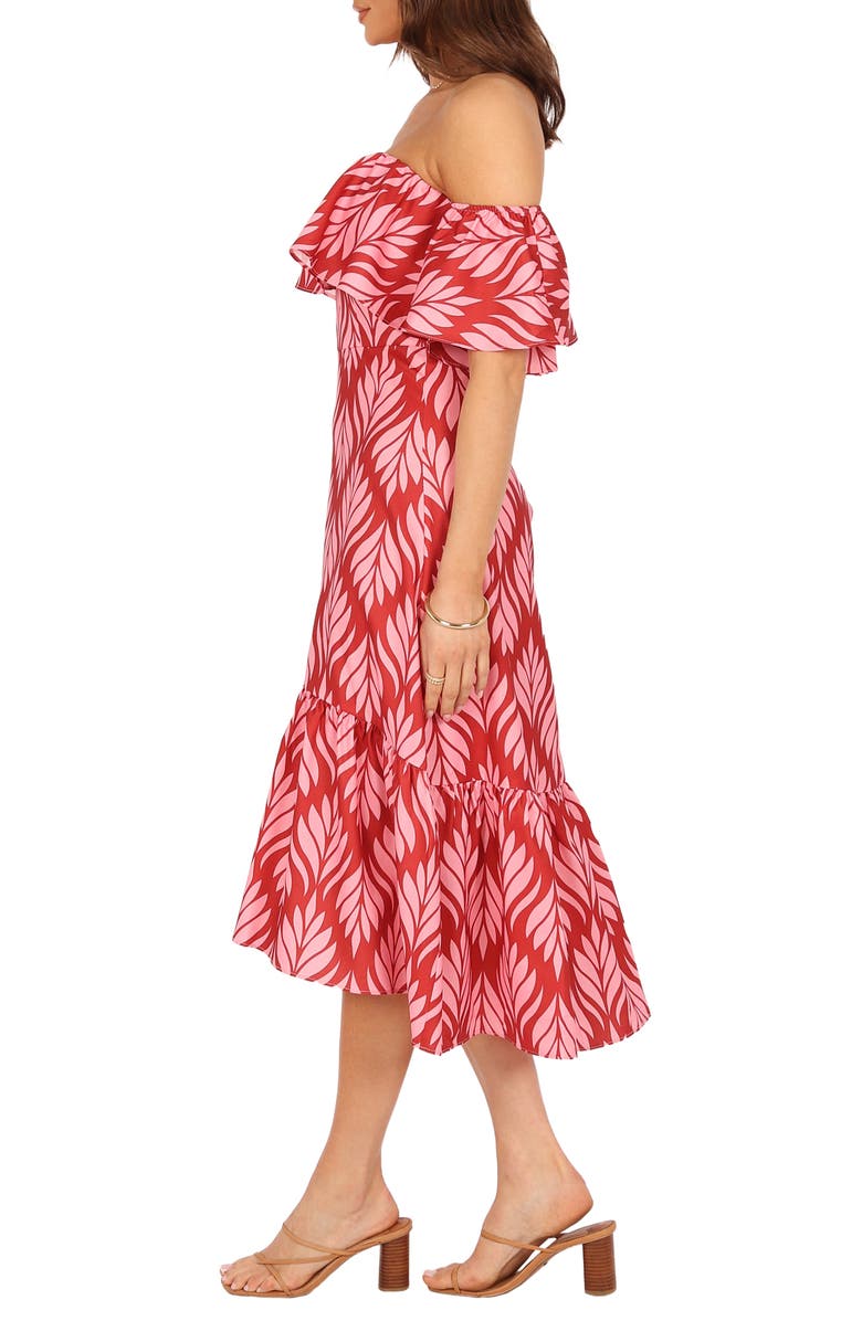 Petal & Pup Neoma Off the Shoulder Midi Dress, Alternate, color, Red Palm Print